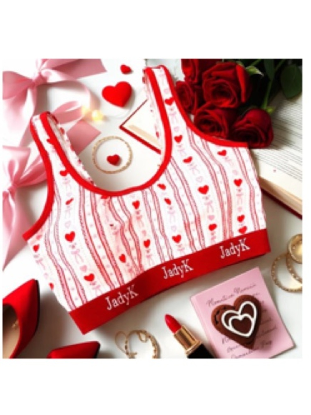 JadyK Heart Print Pink & Red Arya Bralette Small/Medium